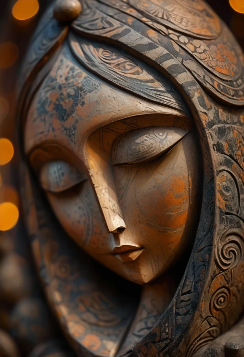 (masterpiece, best quality:1.2),Ornaments, Statue of the Virgin, ,color,Paint pottery in earthy tones,With subtle patterns and textures,Invoking ancient wisdom. Focus on the face,With depth of field and bokeh effects. This is a high resolution image,Intricate details,The background is very dark,soft light, style of,Minimalism