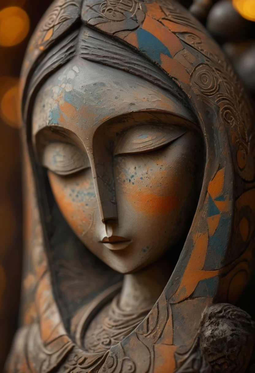 (masterpiece, best quality:1.2),Ornaments， Statue of the Virgin, ，color，Paint pottery in earthy tones，With subtle patterns and textures，Invoking ancient wisdom. Focus on the face，With depth of field and bokeh effects. This is a high resolution image，Intricate details，The background is very dark，soft light, style of，Minimalism
