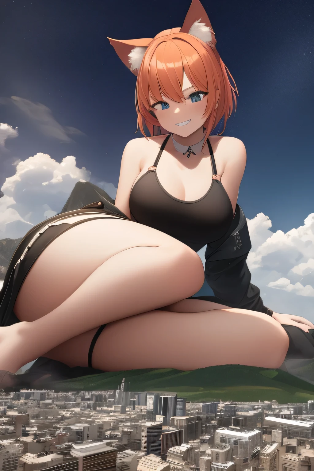 masterpiece, best quality, extreme detailed,1 girl ,gigagts, litle city, on bed:0.5, lying, grin,smile,large breasts,little city,little buildings, little skyscapers,sky,day, hands,cat ears,looming,pov,orange color short hair,tank top,masterpiece, best quality, absurdres, ultra detailed,mountain ,horizon,skyline
