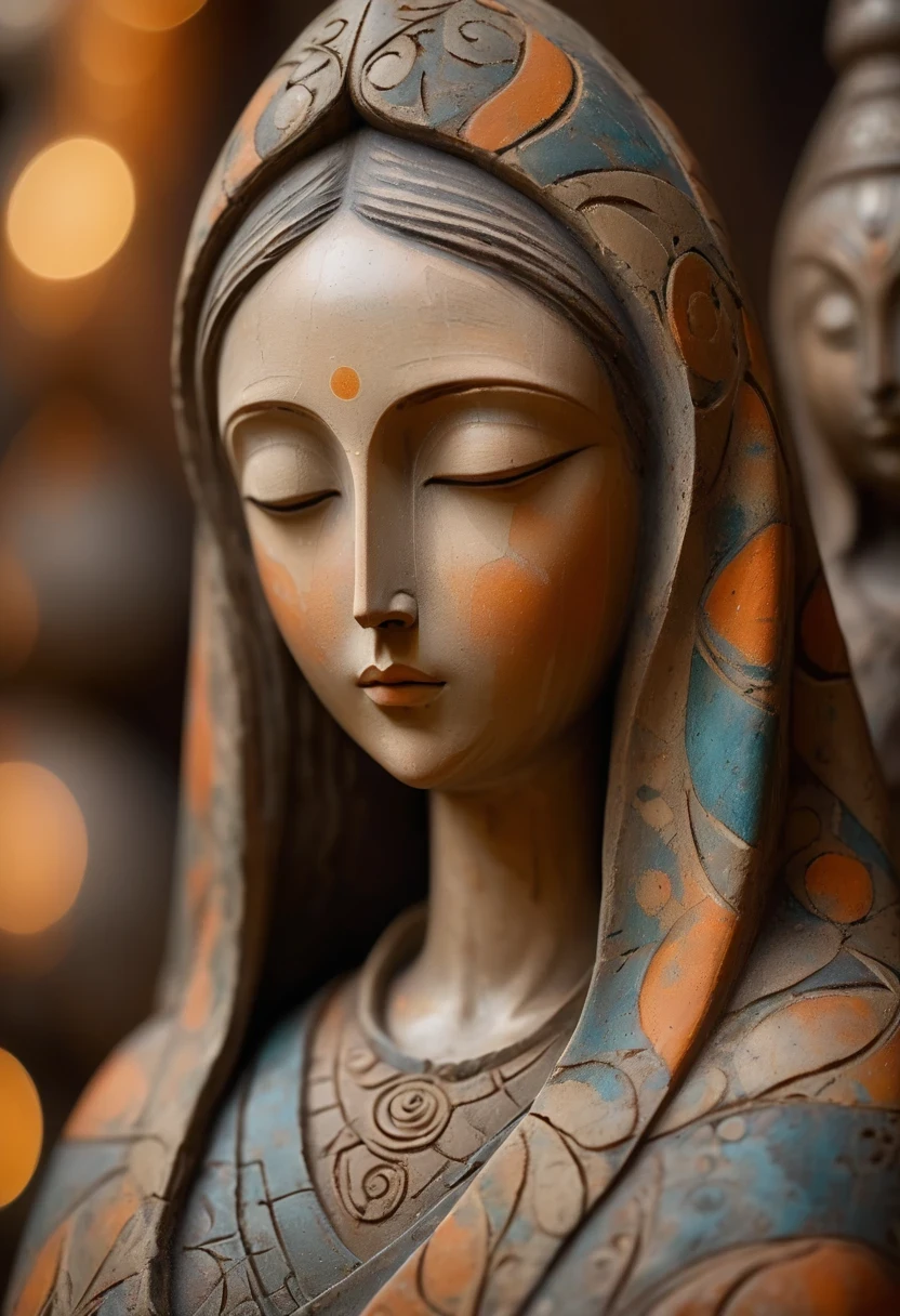 (masterpiece, best quality:1.2),Ornaments， Statue of the Virgin, ，color，Paint pottery in earthy tones，With subtle patterns and textures，Invoking ancient wisdom. Focus on the face，With depth of field and bokeh effects. This is a high resolution image，Intricate details，The background is dark，soft light, style of，Minimalism