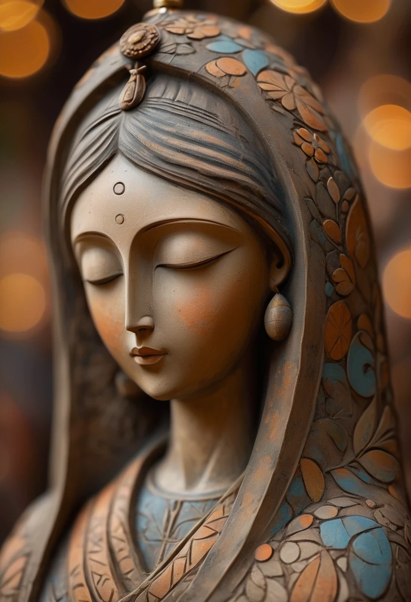 (masterpiece, best quality:1.2),Ornaments, Statue of the Virgin, ,color,Paint pottery in earthy tones,With subtle patterns and textures,Invoking ancient wisdom. Focus on the face,With depth of field and bokeh effects. This is a high resolution image,Intricate details,The background is dark,soft light, style of,Minimalism