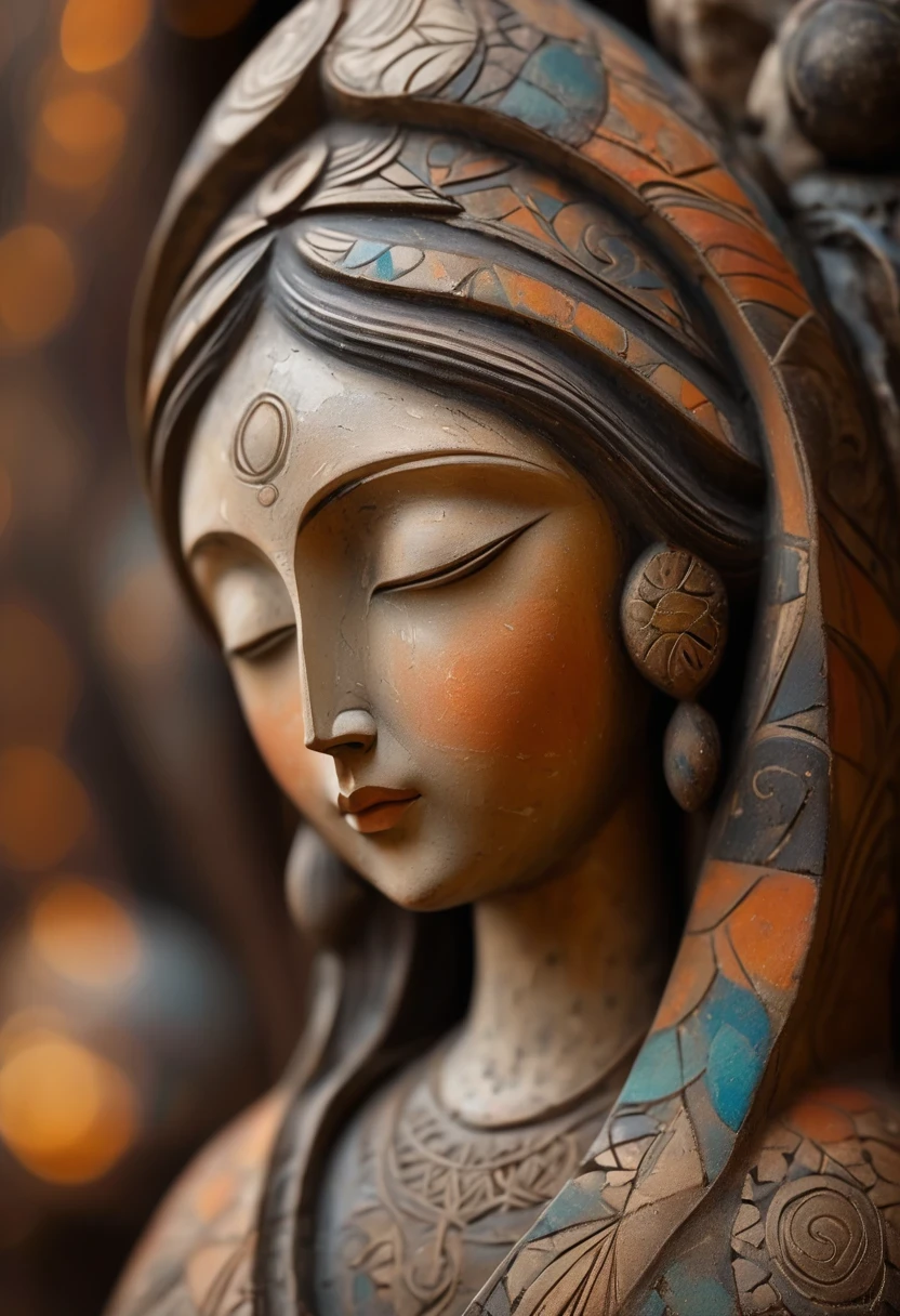 Statue of a woman wearing a scarf, Girl&#39;s head stone carving，Ancient rhyme four colors(black、orange、Brown、Ash)，Mottled and rustic、Rough outside and fine inside、Looks dirty but is actually clean，Inner carving，irregular，Stone splicing，Rock Backgroundauthor：Slava Raskaj, stunning details, Rock statues, by Li Mei-shu, beautiful depiction, Mysterious person, ceramic statue, by Sunil Das,  centered portrait, Artist unknown, author：Dondy, statue, Beautiful detailed illustration, indian art, sculpture