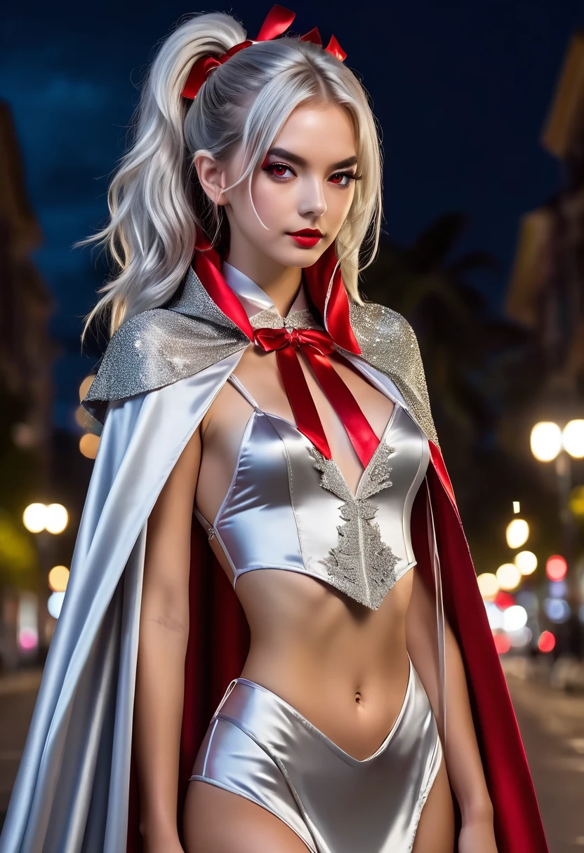 Vampyfangs(RAW Photo) , (highly detailed:1.20) , ultra realistic :1.10) ,sexy girl in her 20s , (perfect face:1.20) , (detailed red eyes:1.20) , with long silver hair in ponytail , (((long silver satin cape tied at the neck with a ribbon :1.20))) , naked , full body, standing on windy hilltop at night , full moon , high-quality ultra realistic style, detailed eyes, professional, expressive , 8K , highly detailed , professional,