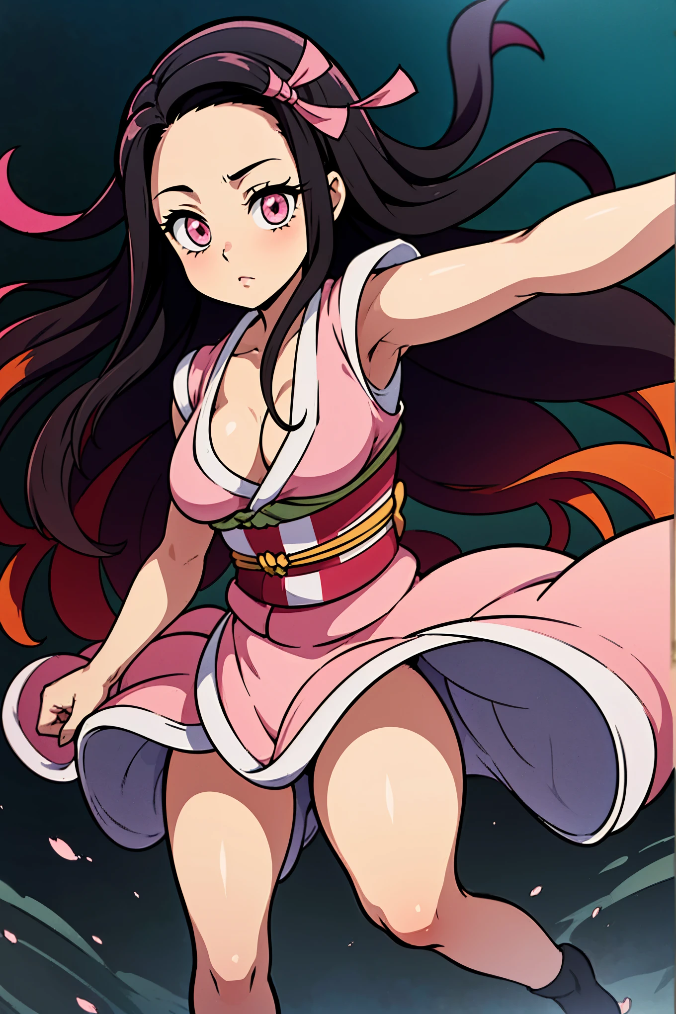 anime, hdr, soft light, ((best quality)), ((masterpiece)), (detailed),  kamado nezuko, black hair, forehead, pink eyes, very long hair, hair ribbon, japanese clothes, pink kimono, multicolored hair, pink ribbon, cleavage, standing, legs apart, fighting pose, flowing blood, destruction, kimetsu no yaiba style, sparks.