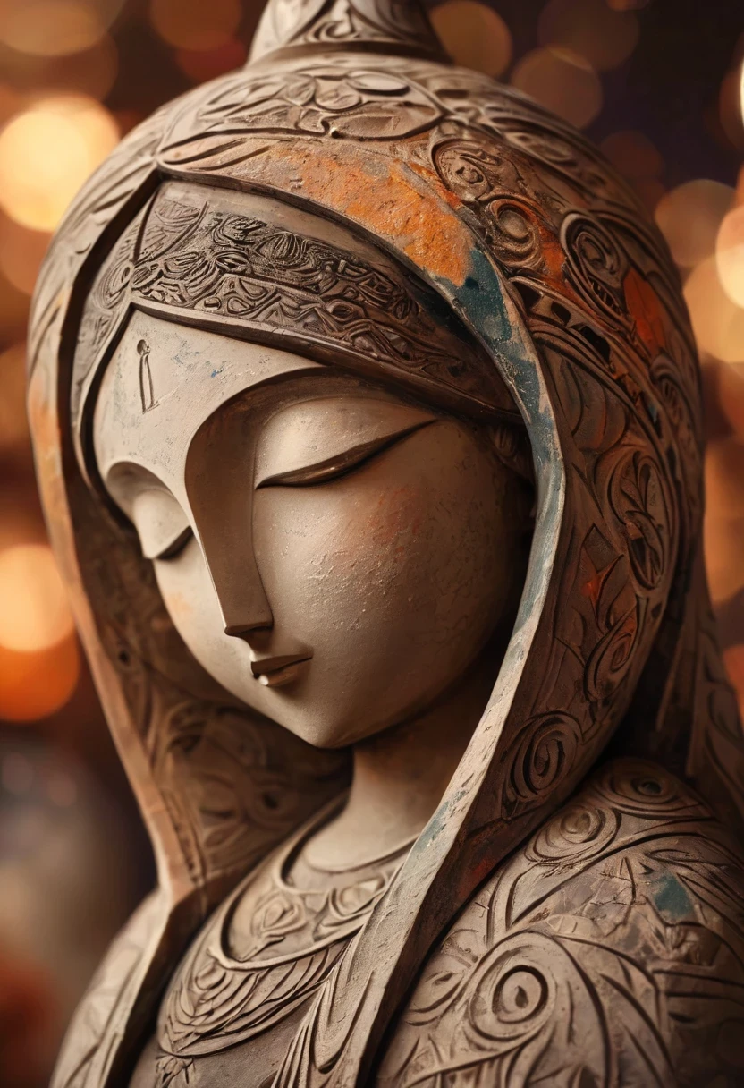 (masterpiece, best quality:1.2),Ornaments， Statue of the Virgin, ，color，Paint pottery in earthy tones，With subtle patterns and textures，Invoking ancient wisdom. Focus on the face，With depth of field and bokeh effects. This is a high resolution image，Intricate details，The background is very dark，soft light, style of，Minimalism