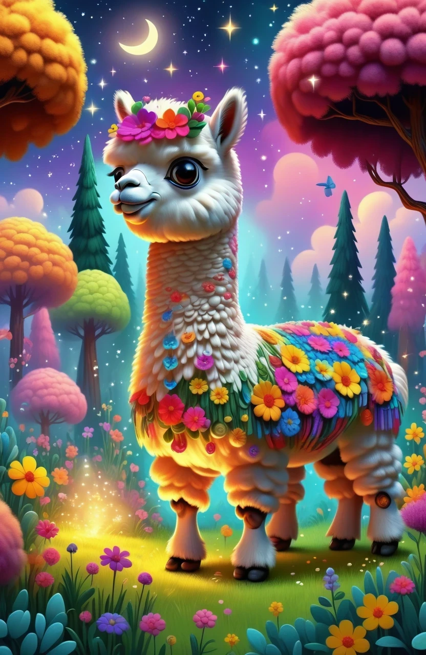 A cute alpaca in a vibrant garden, surrounded by colorful flowers, lush green grass, and tall trees. The alpaca has a fluffy coat, expressive eyes, and a friendly smile. The medium used to create this artwork is a detailed illustration. The additional details include a gentle breeze rustling through the flowers, creating a sense of movement and serenity. The image quality is of the best quality, with ultra-high resolution (4k or 8k) and a photorealistic rendering. The art style is focused on capturing the alpaca's charm and the beauty of nature. The color palette consists of bright and joyful tones, emphasizing the vibrancy of the garden. The lighting is soft and natural, casting a warm glow on the alpaca and its surroundings.