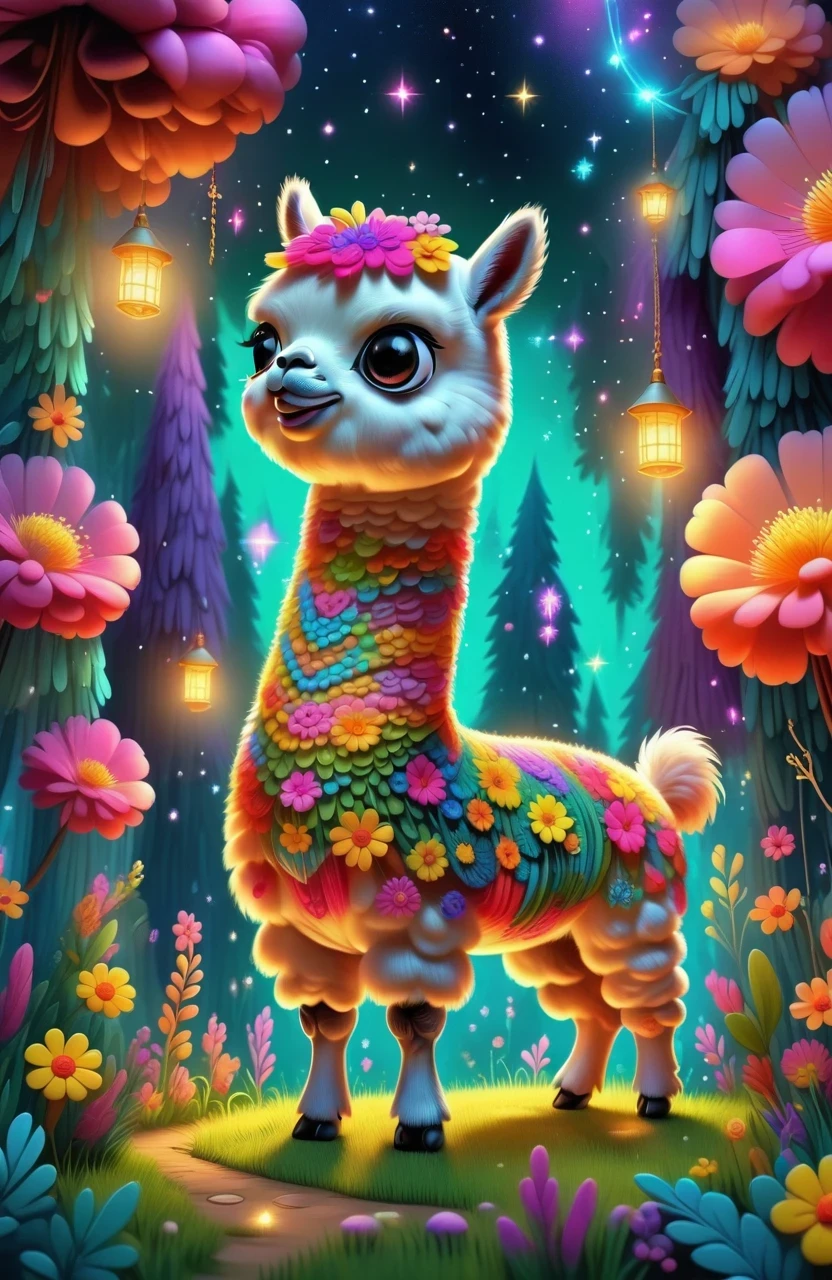 A cute alpaca in a vibrant garden, surrounded by colorful flowers, lush green grass, and tall trees. The alpaca has a fluffy coat, expressive eyes, and a friendly smile. The medium used to create this artwork is a detailed illustration. The additional details include a gentle breeze rustling through the flowers, creating a sense of movement and serenity. The image quality is of the best quality, with ultra-high resolution (4k or 8k) and a photorealistic rendering. The art style is focused on capturing the alpaca's charm and the beauty of nature. The color palette consists of bright and joyful tones, emphasizing the vibrancy of the garden. The lighting is soft and natural, casting a warm glow on the alpaca and its surroundings.