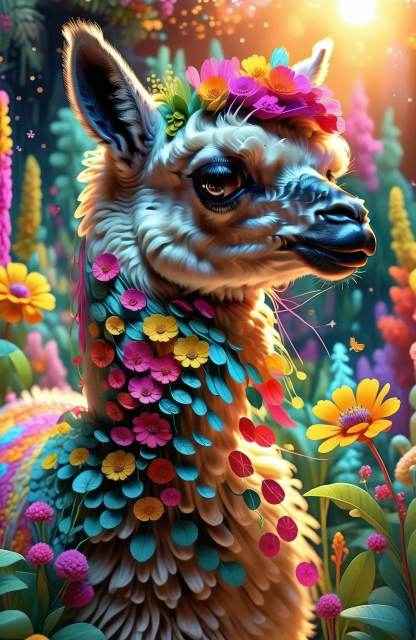 A cute alpaca in a vibrant garden, surrounded by colorful flowers, lush green grass, and tall trees. The alpaca has a fluffy coat, expressive eyes, and a friendly smile. The medium used to create this artwork is a detailed illustration. The additional details include a gentle breeze rustling through the flowers, creating a sense of movement and serenity. The image quality is of the best quality, with ultra-high resolution (4k or 8k) and a photorealistic rendering. The art style is focused on capturing the alpaca's charm and the beauty of nature. The color palette consists of bright and joyful tones, emphasizing the vibrancy of the garden. The lighting is soft and natural, casting a warm glow on the alpaca and its surroundings.