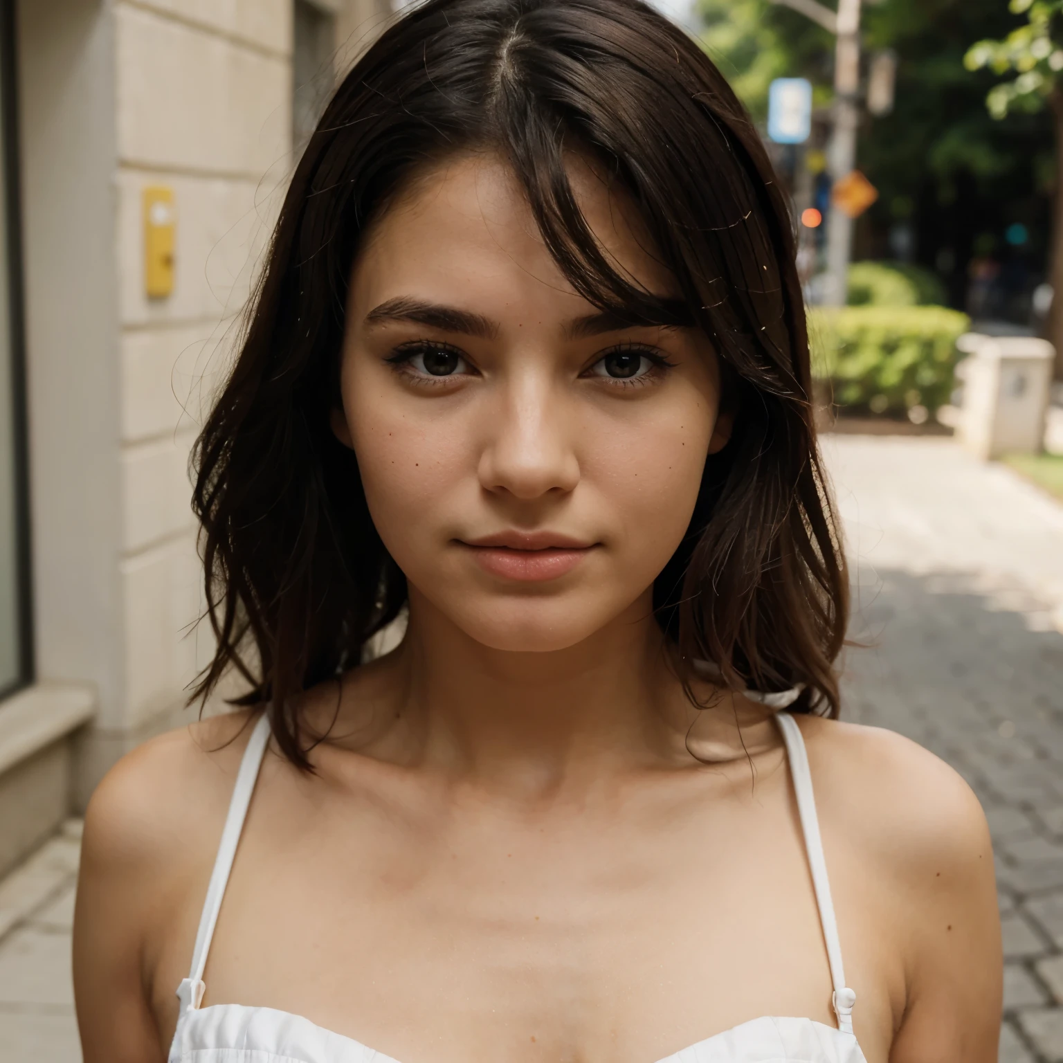 the face of a European girl, a hump nose on the left cheek, a small mole, dark hair color, a strand of hair yellow on the right side