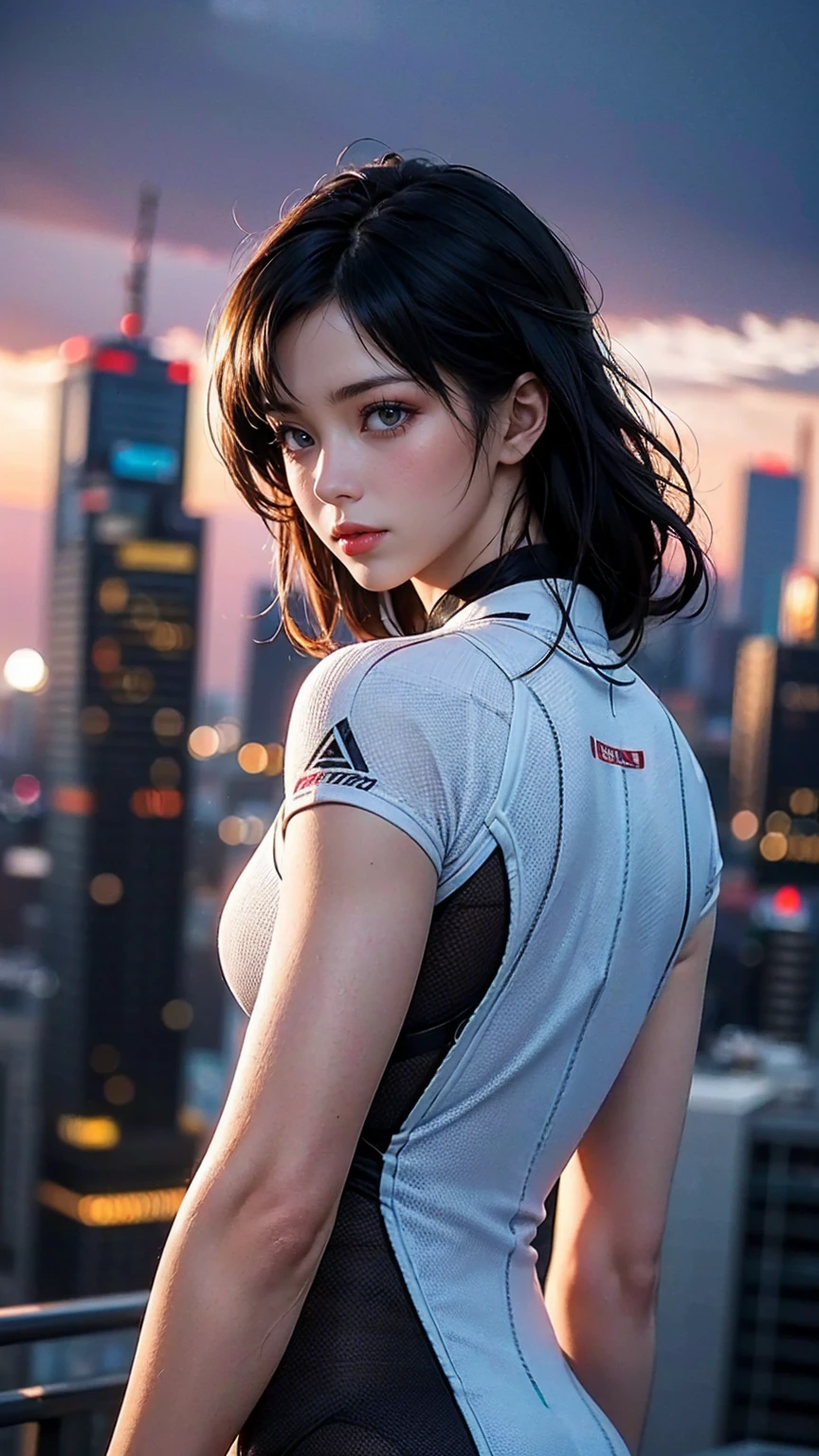 ((最high quality, 8K, masterpiece: 1.3, Ultra HD, high quality, 最high quality, High resolution, realism)) 、Motoko Kusanagi from Ghost in the Shell、slender、Slender, muscular body that's toned like an athlete's、I want my head to stay off screen、Wear accessories on your wrist、Wearing red nail polish、I have a peticure、(High saturation:1.0), (Highly detailed skin), (最high quality:1.0), (超High resolution:1.0) ,(Realistic:1.0), (Very detailed:1.0), (8K, Raw photo:1.1), wear a bodysuit、Being on the roof of a skyscraper at night