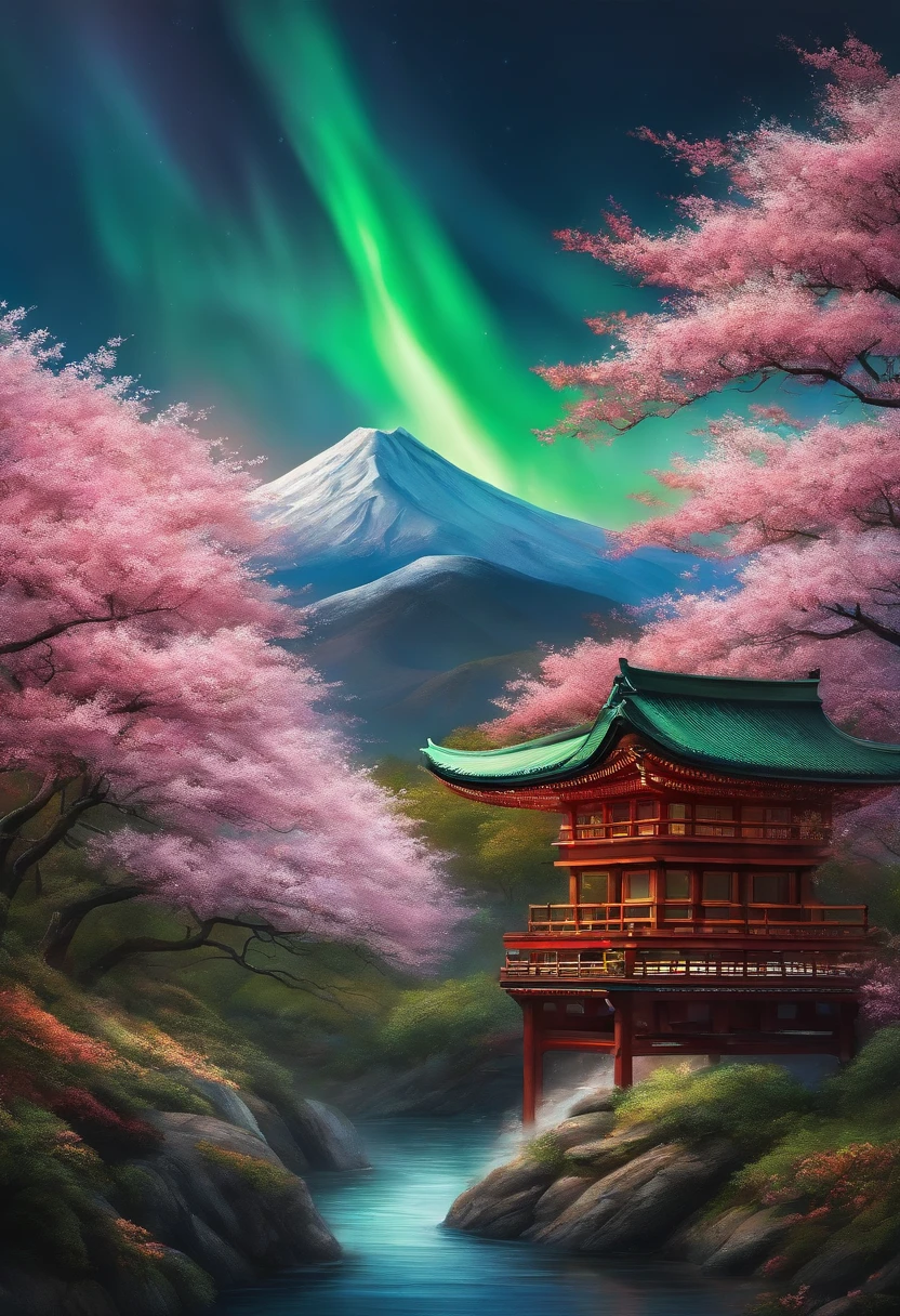 A painting with elements reminiscent of Japan, Canada, South Korea, Norway with the mountain of the Northern Lights, cherry blossoms, torii