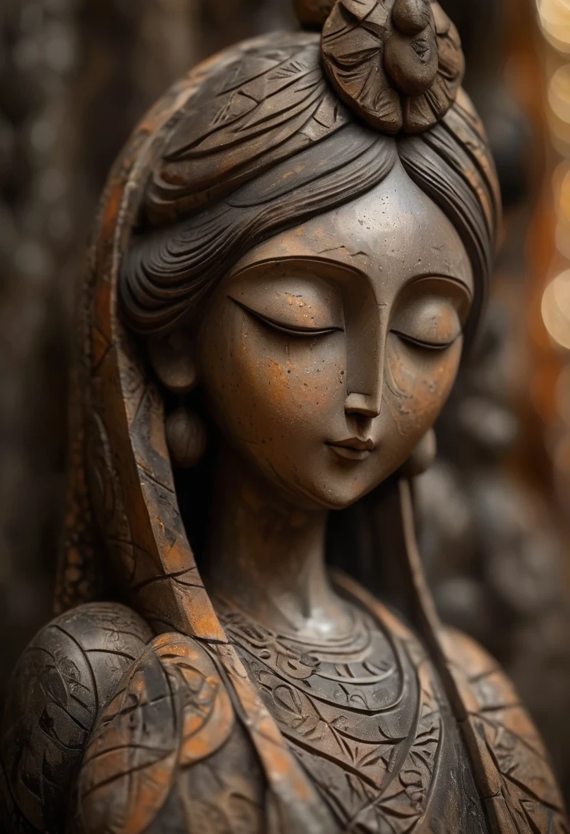 (masterpiece, best quality:1.2), Statue of the Virgin, ，color，Painted in earthy tones，With subtle patterns and textures，Invoking ancient wisdom. Focus on the face，With depth of field and bokeh effects. This is a high resolution image，Intricate details，The background is very dark，soft light, style of. 
