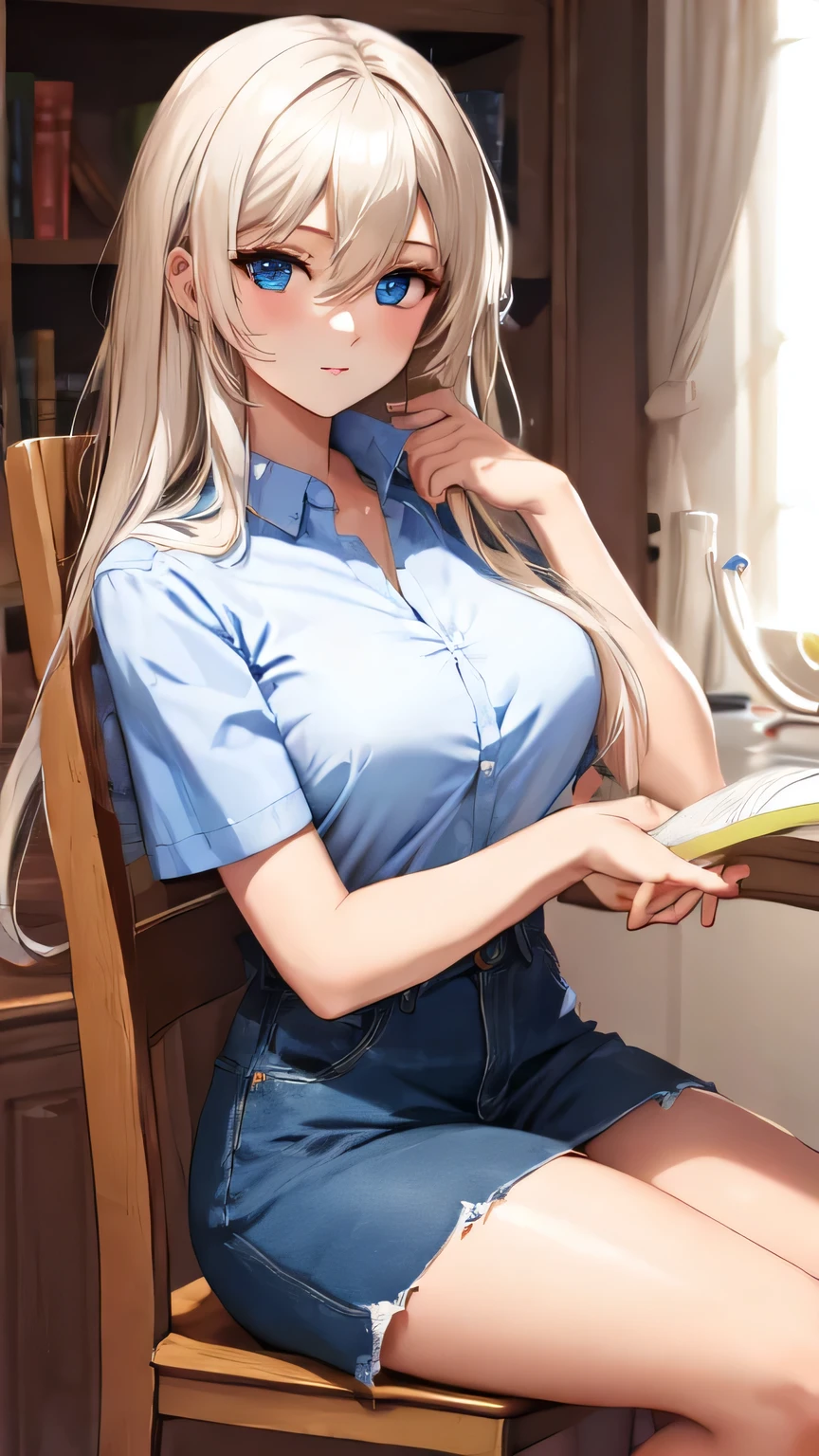 Unparalleled beauty, shiny shiny firm and shiny skin, bangs between eyes, shiny straight beautiful platinum blonde, super long straight silky hair, eyeliner, sexy beautiful innocent , high definition big big beautiful bright blue eyes, beautiful and lovely girl, baby face, sve shirt, sitting in a chair
