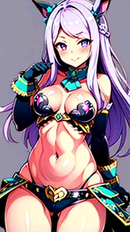 mejiromcqueen(umamusme)1girl, standing, solo, bikini armor, (pasties:1.5), dark skin, purple eyes, forest, large breasts, lusty smile, blushing, (perky breasts:1.5), loincloth,