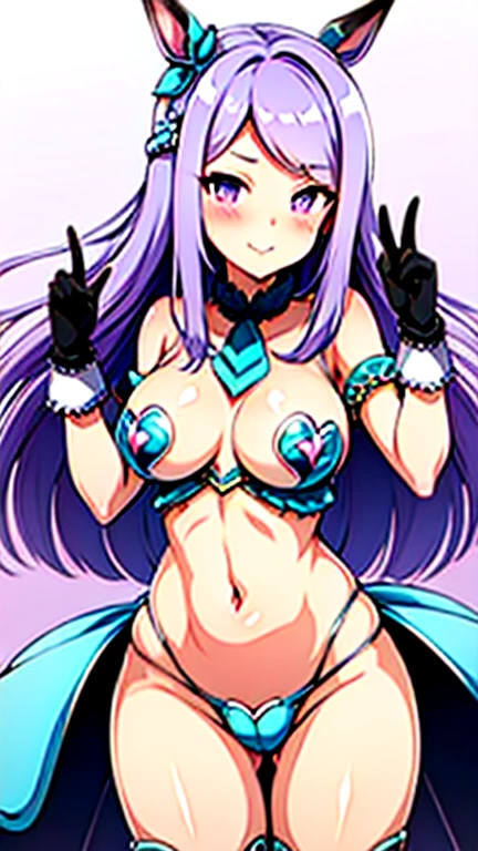 mejiromcqueen(umamusme)1girl, standing, solo, bikini armor, (pasties:1.5), dark skin, purple eyes, forest, large breasts, lusty smile, blushing, (perky breasts:1.5), loincloth,