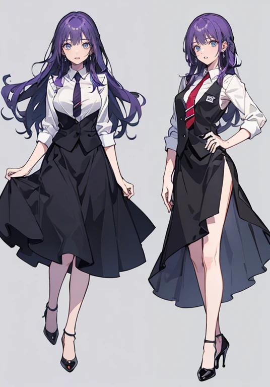 ((Perfect Face)),Purple Hair,Long hair with volume,1 female,bartender,suit,Black vest,Shirt with rolled up sleeves,tie,Mermaid Skirt,High heels,,((Simple Background)),smile,((whole body)),((whole body)),Portraiture,virtual,upright,,both arms are down,Standing upright with face and body facing forward,