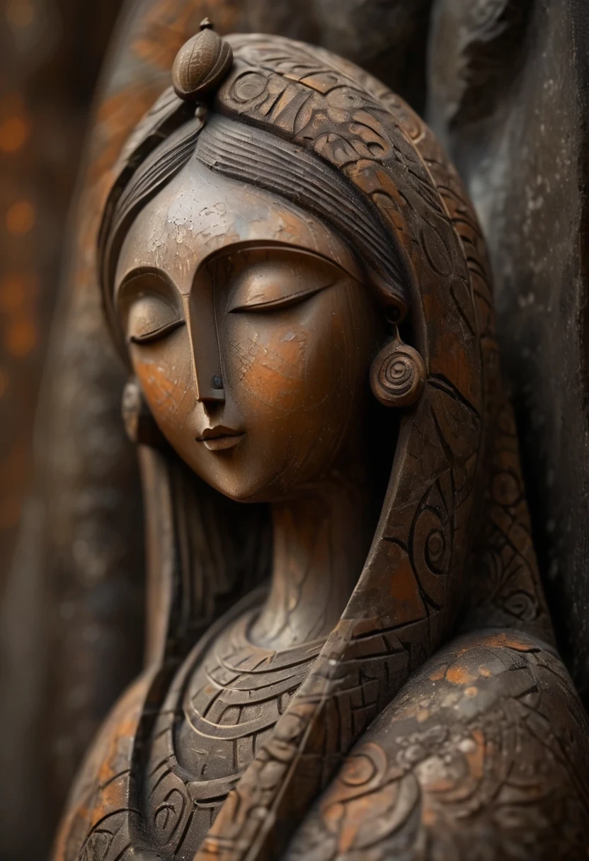 (masterpiece, best quality:1.2), Statue of the Virgin, ，color，Painted in earthy tones，With subtle patterns and textures，Invoking ancient wisdom. Focus on the face，With depth of field and bokeh effects. This is a high resolution image，Intricate details，The background is very dark，soft light, style of. 
