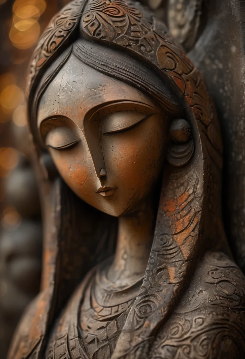 (masterpiece, best quality:1.2), Statue of the Virgin, ，color，Painted in earthy tones，With subtle patterns and textures，Invoking ancient wisdom. Focus on the face，With depth of field and bokeh effects. This is a high resolution image，Intricate details，The background is very dark，soft light, style of. 
