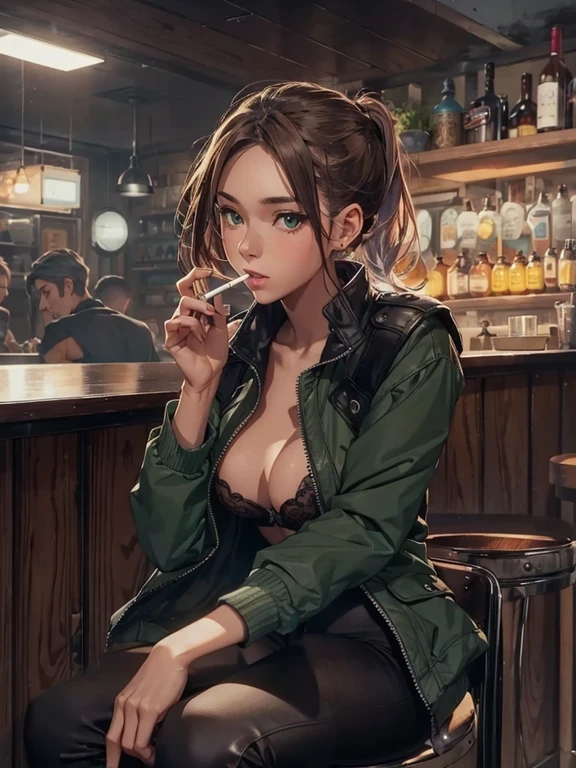 ultra high definition, best quality, masterpiece, highres, artstation, concept art, smooth, sharp focus, illustration, a 20 years old girl, brown hair, green eyes, wide eyes, (small breast), (small hips), (small ass), (( girl)), (she's smoking cigarette), drunk, sitting in a bar, black pants, black jacket, sport bra, provocative pose, one hand