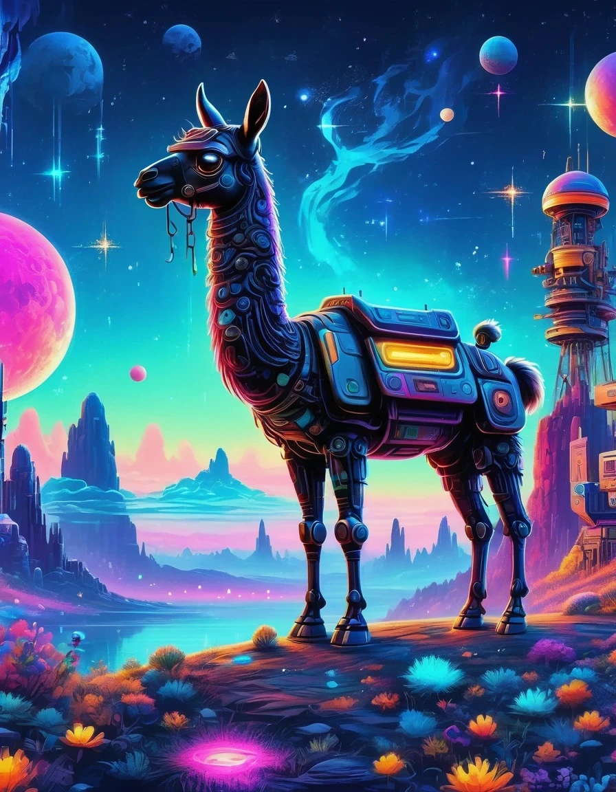 (Astronomy night sky, exotic landscape, extraordinary and detachment, science fiction, llama-shaped robot with advanced technology), (Best quality, 4K, high resolution), (Futuristic lighting, neon colors), cyberpunk-inspired brightness gradients, highly detailed robot features, metal gloss and reflection, neon signs and holographic projections, abstract and geometric structures, electronic enhancement, advanced machinery and technology.