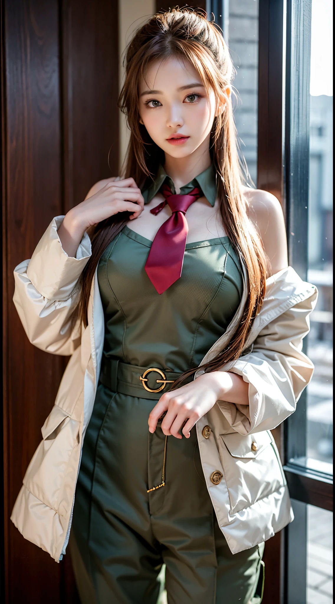 Very detailed CG Unity 8K wallpaper,(tmasterpiece),Colossal 、Toned buttocks、pale pink lip、（with blush cheeks）、(best qualtiy),(ultra - detailed),(Ultra photo realsisim),(best character detail:1.36),Nikon D750 F / 1.4 55mm,profetional lighting, Anatomically correct proportions、Anatomically correct limbs、Anatomically correct fingers、physically-based renderingt, 1girll, female soldier,Zeon Military Uniform,Green military uniform,Fabric texture military uniform,snow-white lining,red necktie,bangss、brown hair updated hair,the golden ratio,[:(with detailed face:1.2):0.2]:,Loss of pure face_v1, Kpop Idol、broad shoulder,(Bigchest:1.5),(Big Assa:1.5),Drenched in sweat,red flag,In the square,Superb view,Bright sun、
