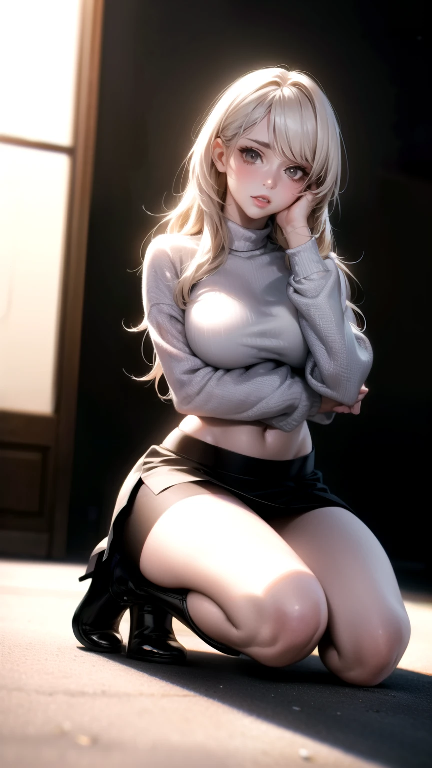 (random porn pose),(Highest image quality,(8k),ultra-realistic,best quality, high quality, high definition, high quality texture,high detail,beautiful detailed,fine detailed,extremely detailed cg,detailed texture,a realistic representation of the face,masterpiece,Sense of presence),sweater,tight mini skirt,stockings,Engineer boot