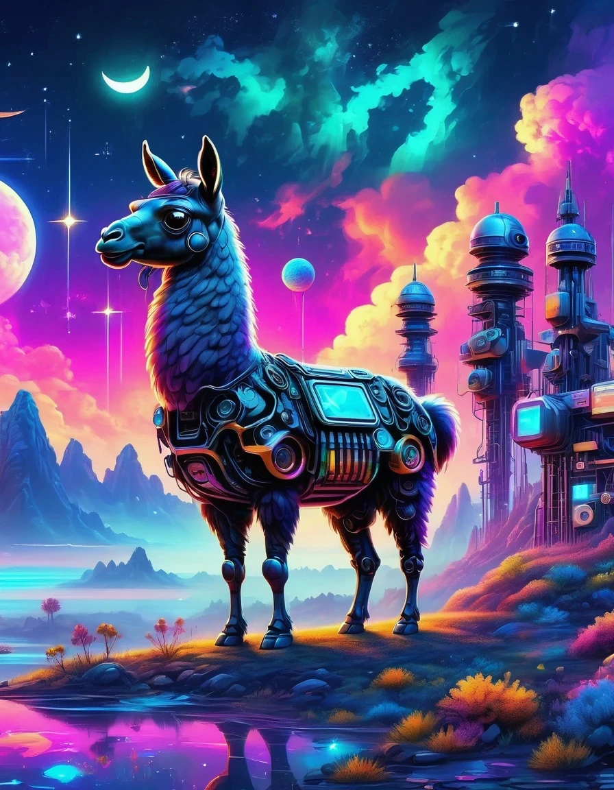 (Astronomy night sky, exotic landscape, extraordinary and detachment, science fiction, llama-shaped robot with advanced technology), (Best quality, 4K, high resolution), (Futuristic lighting, neon colors), cyberpunk-inspired brightness gradients, highly detailed robot features, metal gloss and reflection, neon signs and holographic projections, abstract and geometric structures, electronic enhancement, advanced machinery and technology.