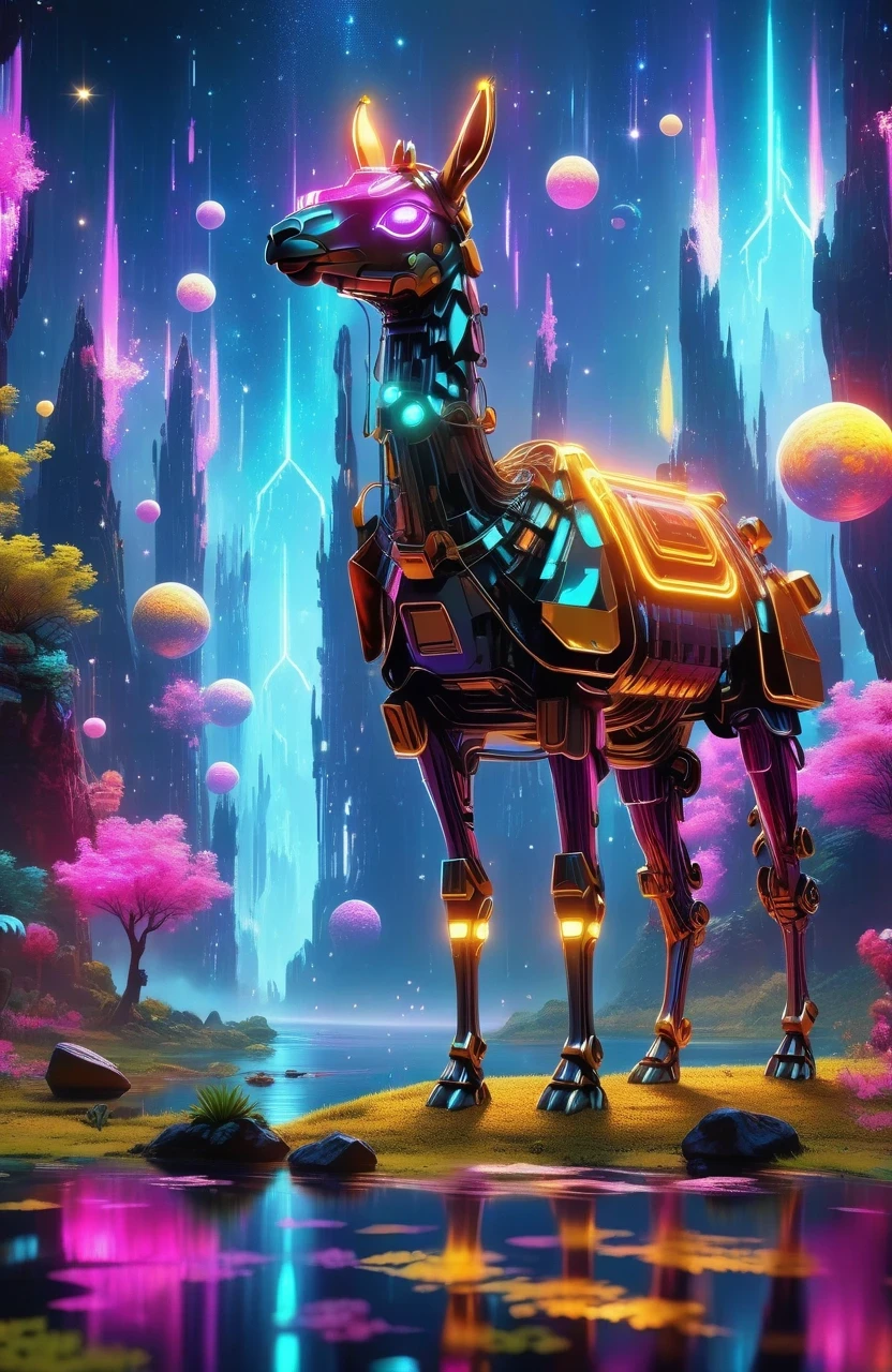 (Astronomy night sky, exotic landscape, extraordinary and detachment, science fiction, llama-shaped robot with advanced technology), (Best quality, 4K, high resolution), (Futuristic lighting, neon colors), cyberpunk-inspired brightness gradients, highly detailed robot features, metal gloss and reflection, neon signs and holographic projections, abstract and geometric structures, electronic enhancement, advanced machinery and technology.