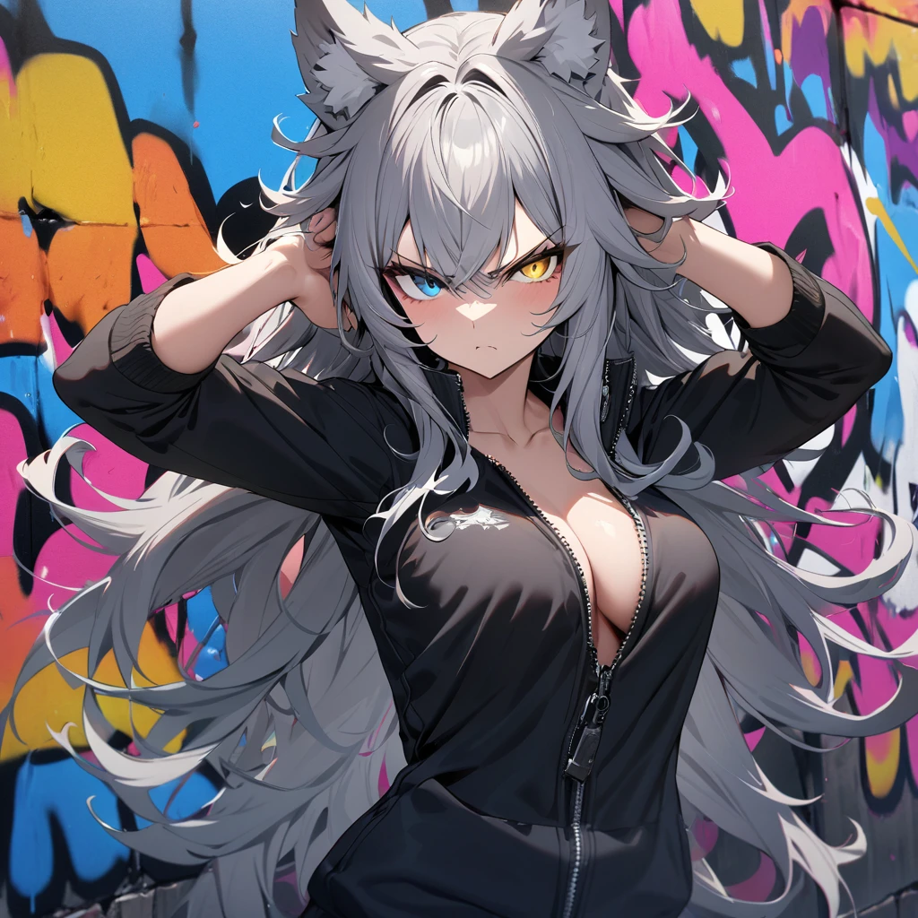 Young girl, long white hair, cat ears, cat tail, multi-colored eyes, heterohromia, left eye purple, right eye turquoise, white top, shorts, lot of tattoo, scars, open belly, wide neckline, boob window, smirk, claws, sexy pose, Masterpiece, best quality, Full HD, 4k, ultra details