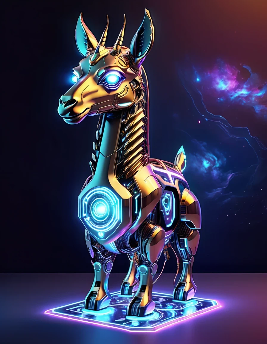 (Astronomy night sky, exotic landscape, extraordinary and detachment, science fiction, llama-shaped robot with advanced technology), (Best quality, 4K, high resolution), (Futuristic lighting, neon colors), cyberpunk-inspired brightness gradients, highly detailed robot features, metal gloss and reflection, neon signs and holographic projections, abstract and geometric structures, electronic enhancement, advanced machinery and technology.