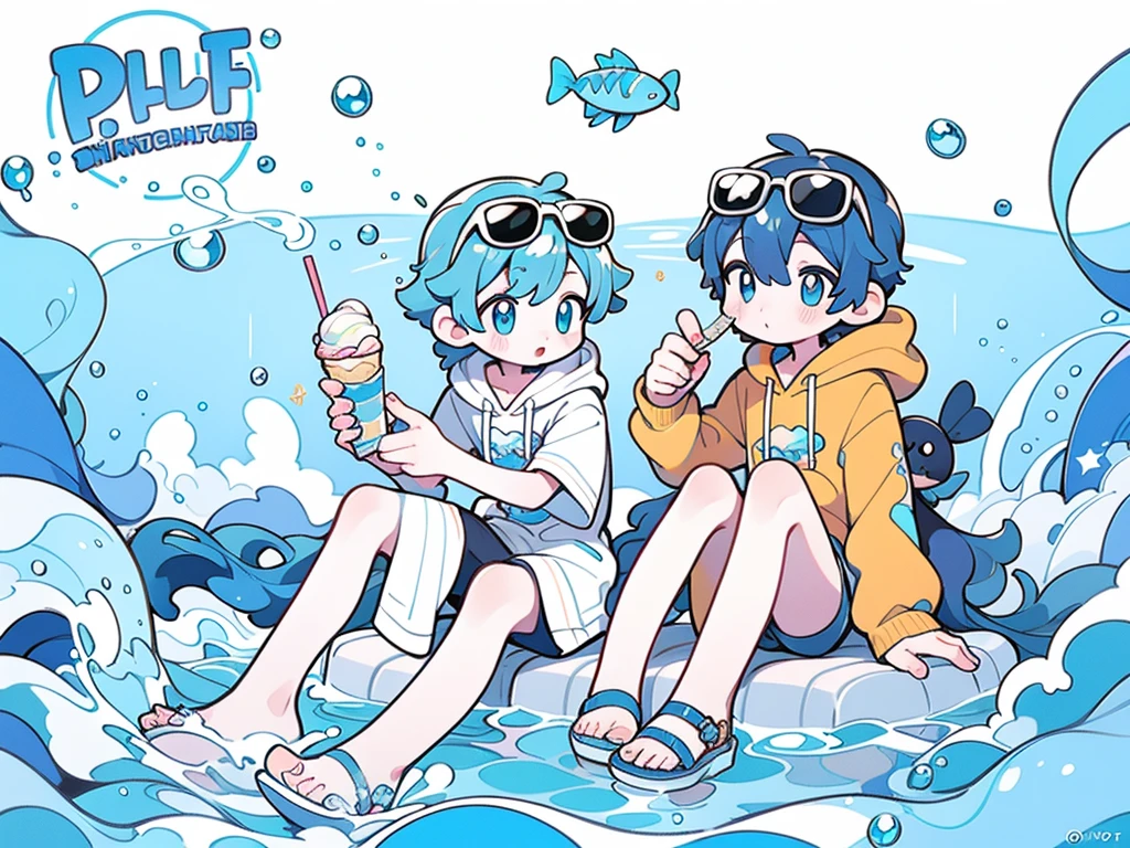 (masterpiece、最high quality、high quality)、Young Boy&#39;whole body high quality, High resolution, One boy, Shota, Blue Hair, blue eyes, Sea motifs, bubble, jump into the sea, energy, ice cream, sunglasses, Swimwear, hoodie, garter belt, Sandals, swimming fish, Character Design, whole body, skinny stomach, Exquisite design, Delicate painting, juvenileのようなポーズ, Sitting cross-legged、juvenile