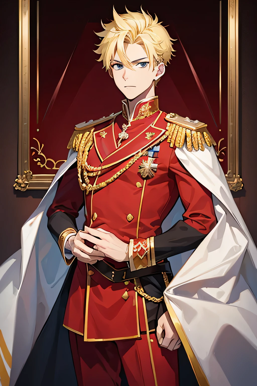 1 guy, blonde spiky hair, red royal uniform