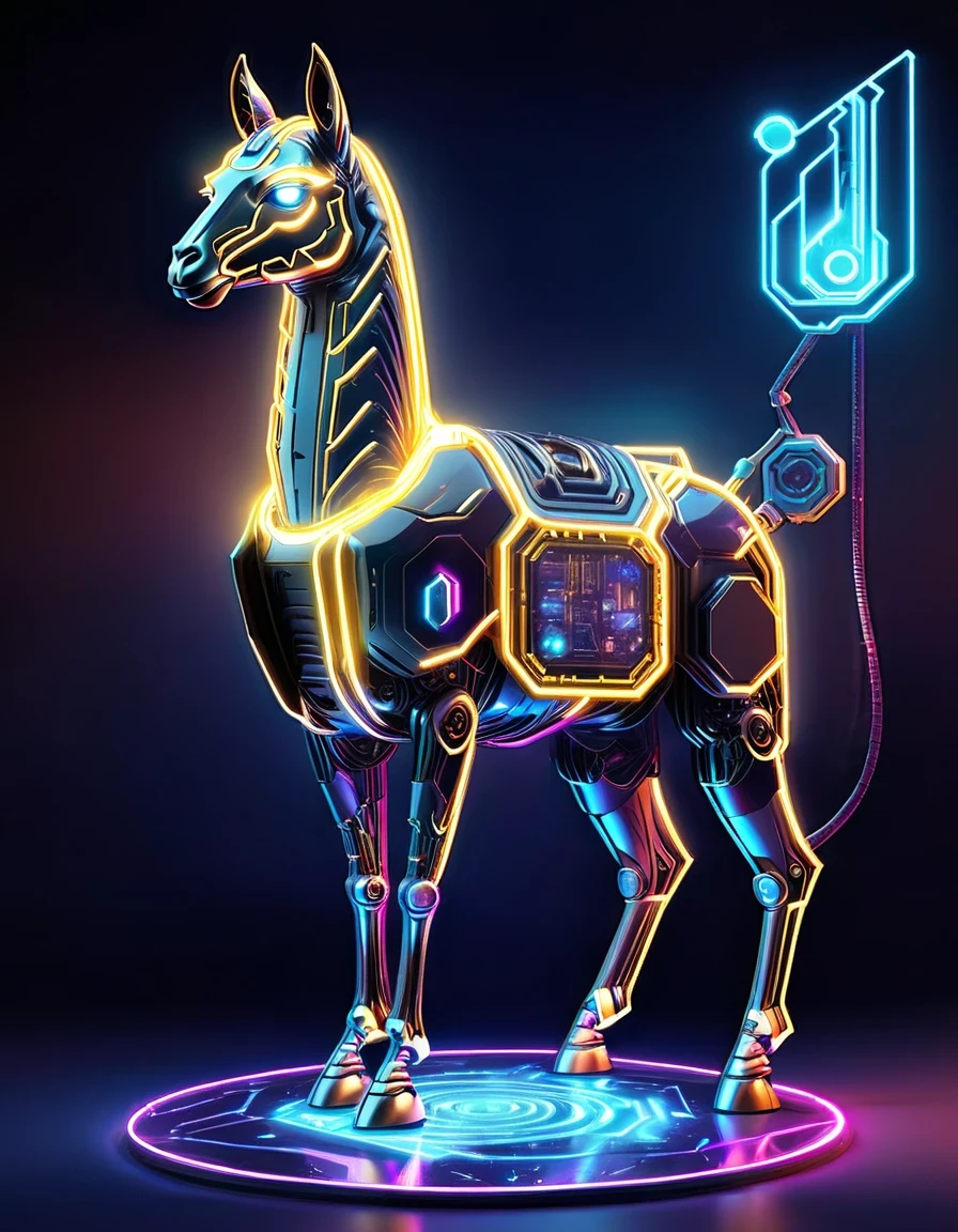 (Astronomy night sky, exotic landscape, extraordinary and detachment, science fiction, llama-shaped robot with advanced technology), (Best quality, 4K, high resolution), (Futuristic lighting, neon colors), cyberpunk-inspired brightness gradients, highly detailed robot features, metal gloss and reflection, neon signs and holographic projections, abstract and geometric structures, electronic enhancement, advanced machinery and technology.