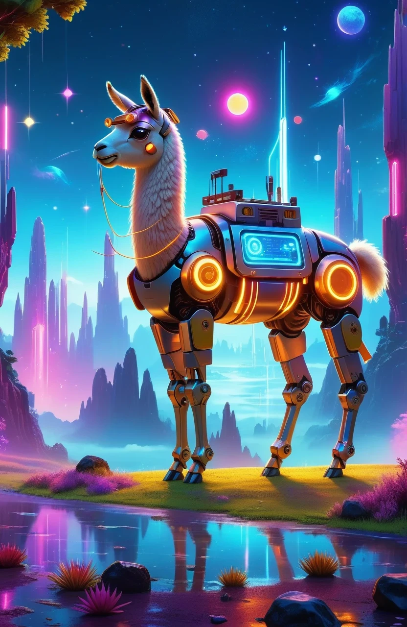 (Astronomy night sky, exotic landscape, extraordinary and detachment, science fiction, llama-shaped robot with advanced technology), (Best quality, 4K, high resolution), (Futuristic lighting, neon colors), cyberpunk-inspired brightness gradients, highly detailed robot features, metal gloss and reflection, neon signs and holographic projections, abstract and geometric structures, electronic enhancement, advanced machinery and technology.