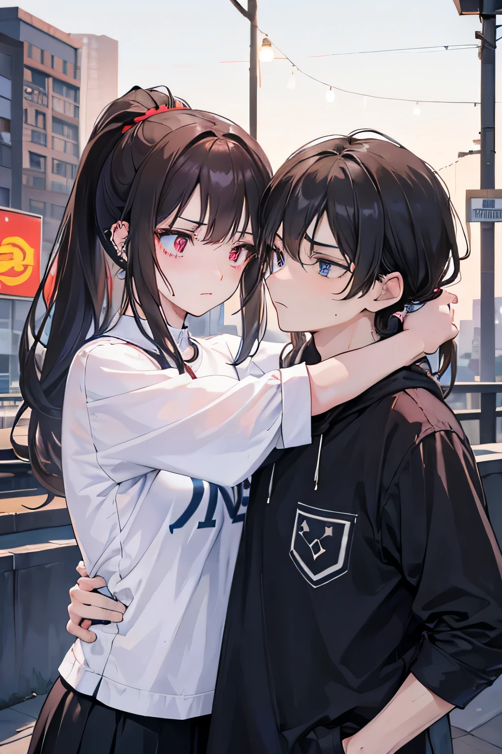 a man endured the pain then a girl hugged him with sadness, the man's characteristics were short black hair with light blue eyes, he had a piercing, then the girl's characteristics had long brown hair in a ponytail with a light red eyes, with a worried expression, the incident happened at night in a city