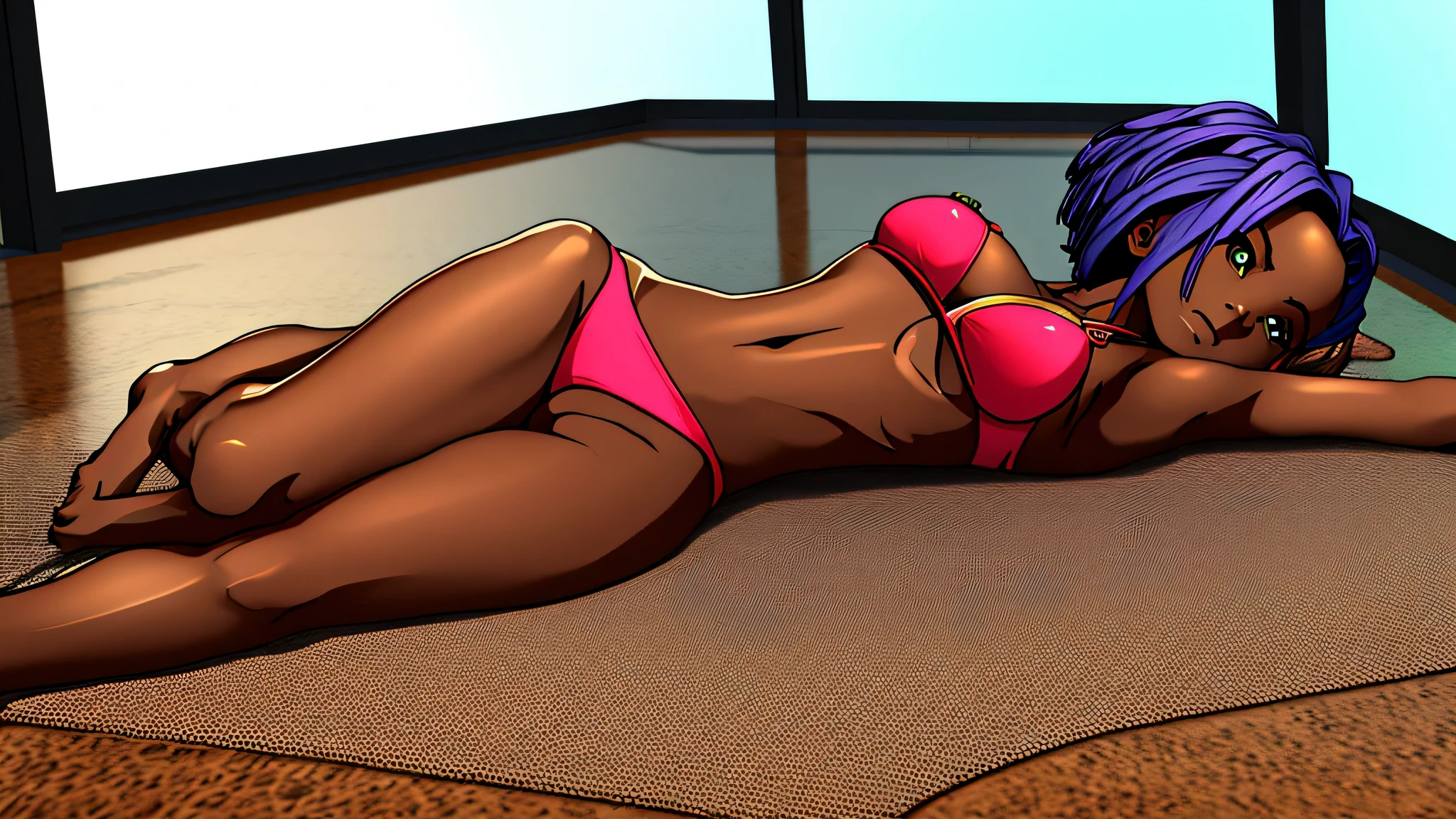 africa-american women, bikini, lying on the floor, full body, front view