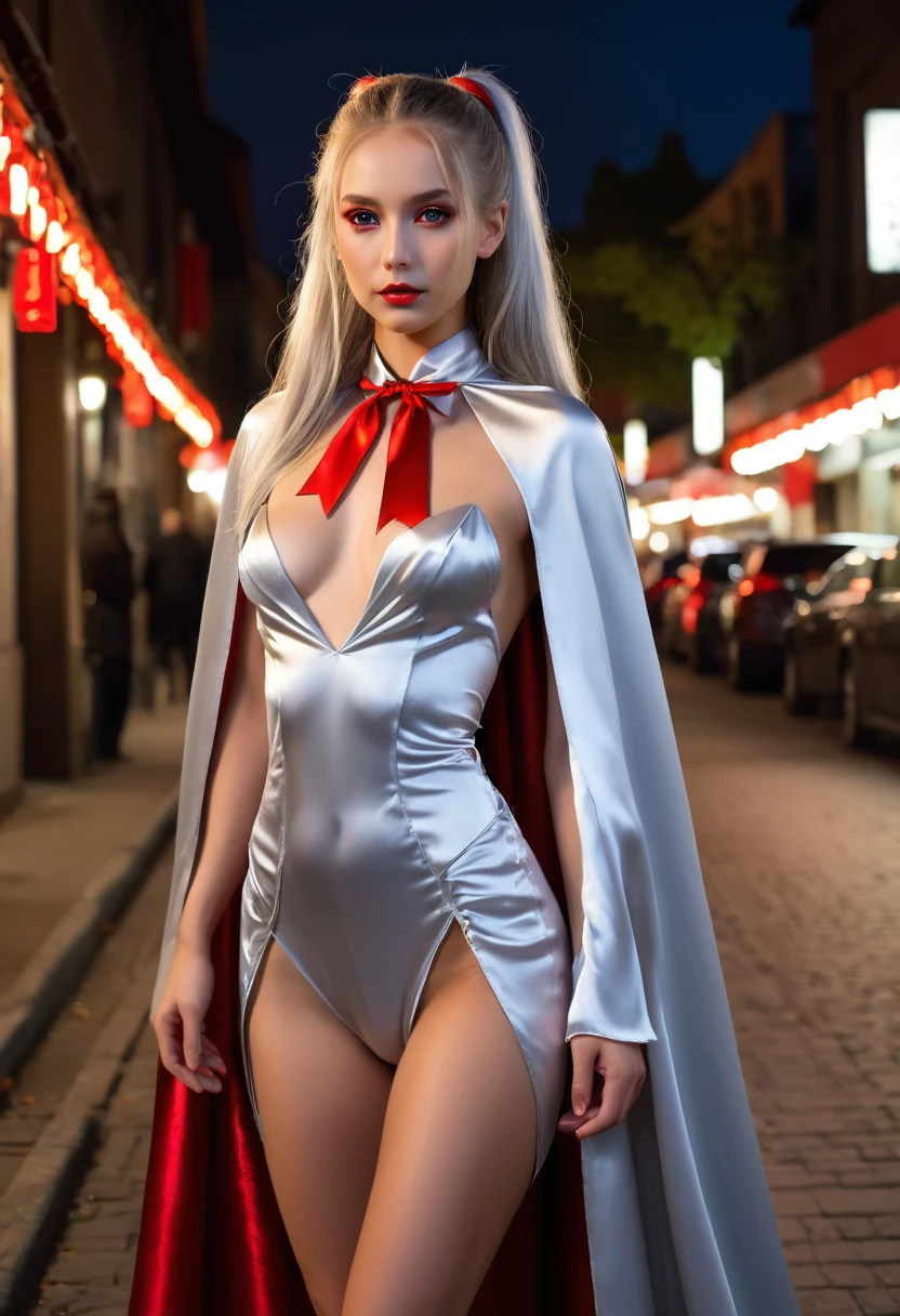 (RAW Photo) , (highly detailed:1.20) , ultra realistic :1.10) ,sexy girl in her 20s , (perfect face:1.20) , (detailed red eyes:1.20) , with long silver hair in ponytail , (((long silver satin cape tied at the neck with a ribbon :1.20))) , naked , full body, walking down street at night , high-quality ultra realistic style, detailed eyes, professional, expressive , 8K , highly detailed , professional,