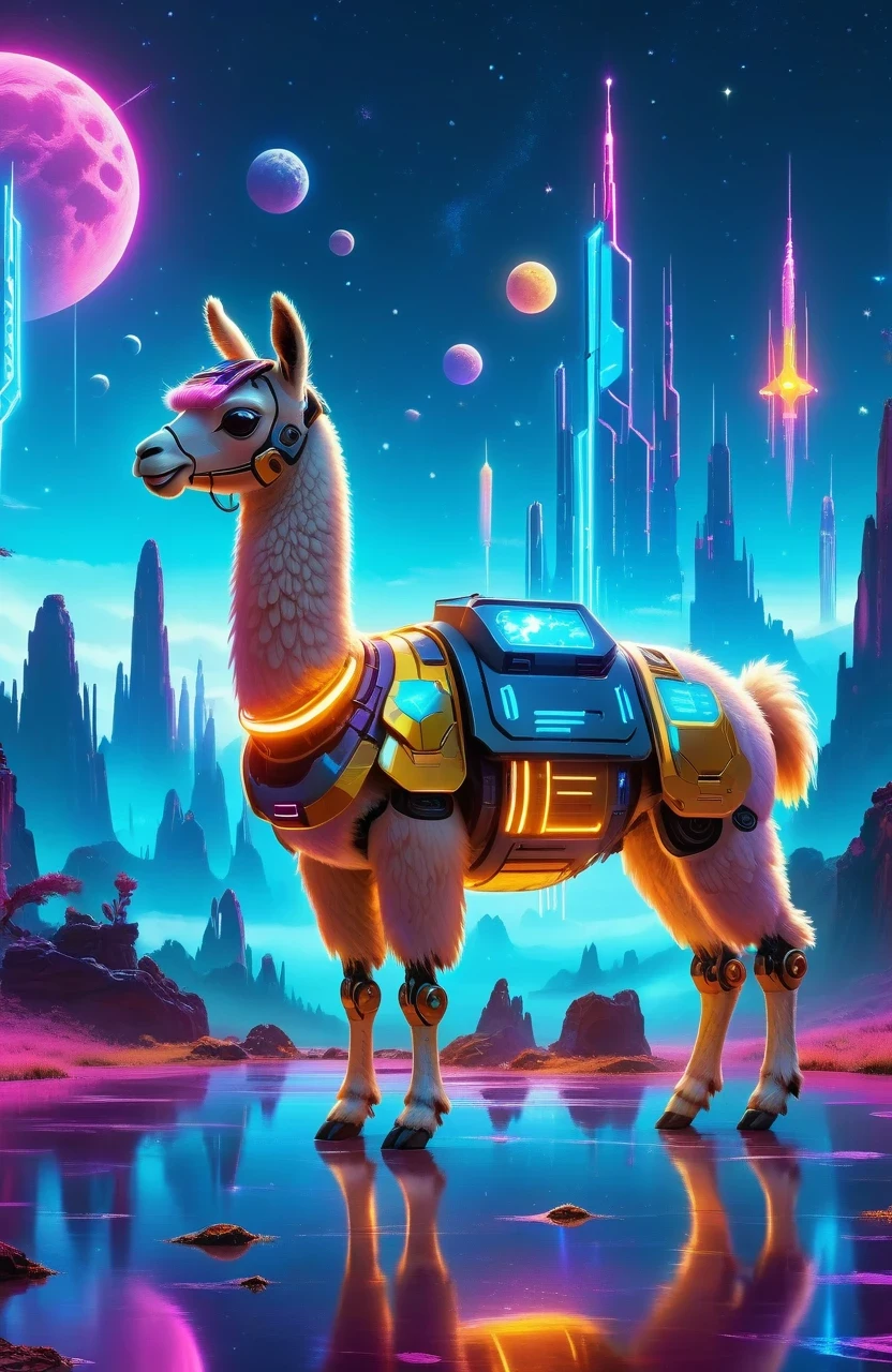 (Astronomy night sky, exotic landscape, extraordinary and detachment, science fiction, llama-shaped robot with advanced technology), (Best quality, 4K, high resolution), (Futuristic lighting, neon colors), cyberpunk-inspired brightness gradients, highly detailed robot features, metal gloss and reflection, neon signs and holographic projections, abstract and geometric structures, electronic enhancement, advanced machinery and technology.