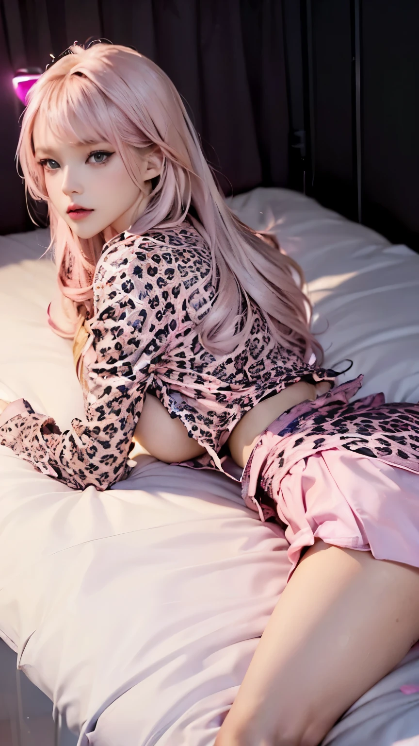 (Pink leopard print bed:1.5)、(A dark room with the lights off:1.5), A beautiful girl with short black hair, (A high school girl's uniform of a white shirt and a miniskirt:1.2)