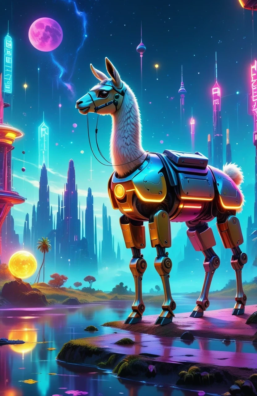 (Astronomy night sky, exotic landscape, extraordinary and detachment, science fiction, llama-shaped robot with advanced technology), (Best quality, 4K, high resolution), (Futuristic lighting, neon colors), cyberpunk-inspired brightness gradients, highly detailed robot features, metal gloss and reflection, neon signs and holographic projections, abstract and geometric structures, electronic enhancement, advanced machinery and technology.