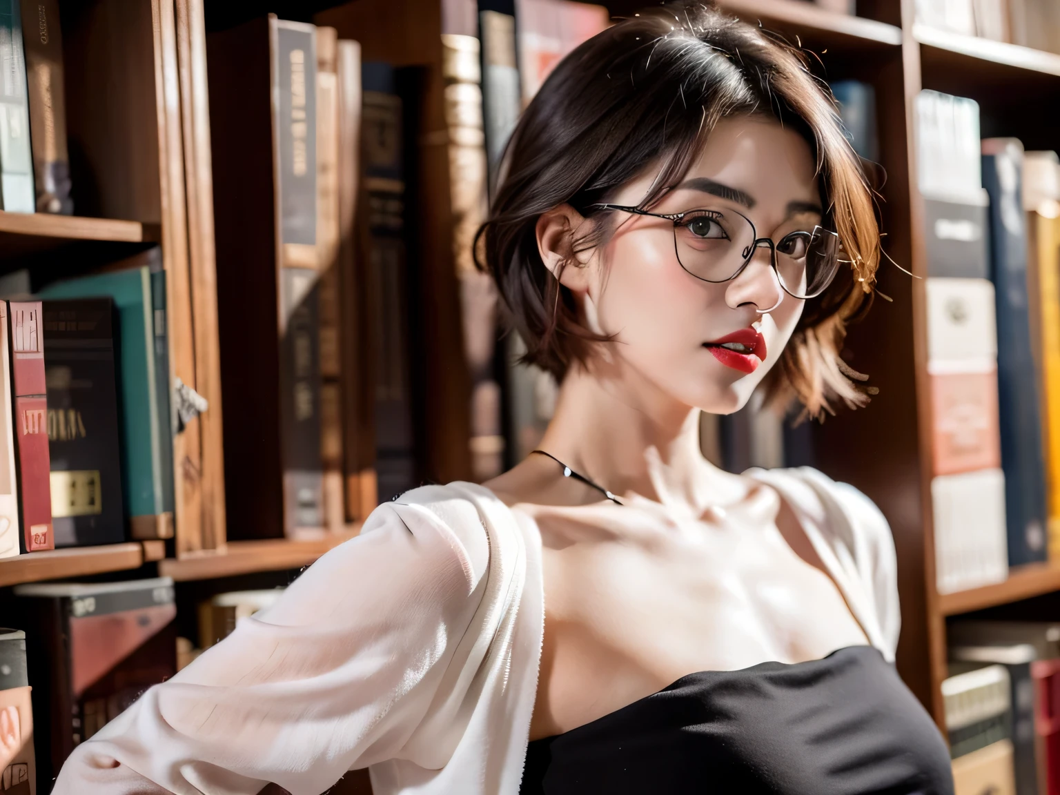 a red slightly wavy short hair young woman in her 20's big and slant red coloured shiny eyes, ultra ultra pale white skin, a horny face mimic, plump red lips, smart casual outfit, 3/4 body from front angle, in a low light library, with black frame glasses,