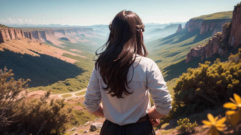 1 mulher olhando para o horizonte com montanhas com bastante flora, do alto de uma montanha, facing away from the camera, em um dia ensolarado
