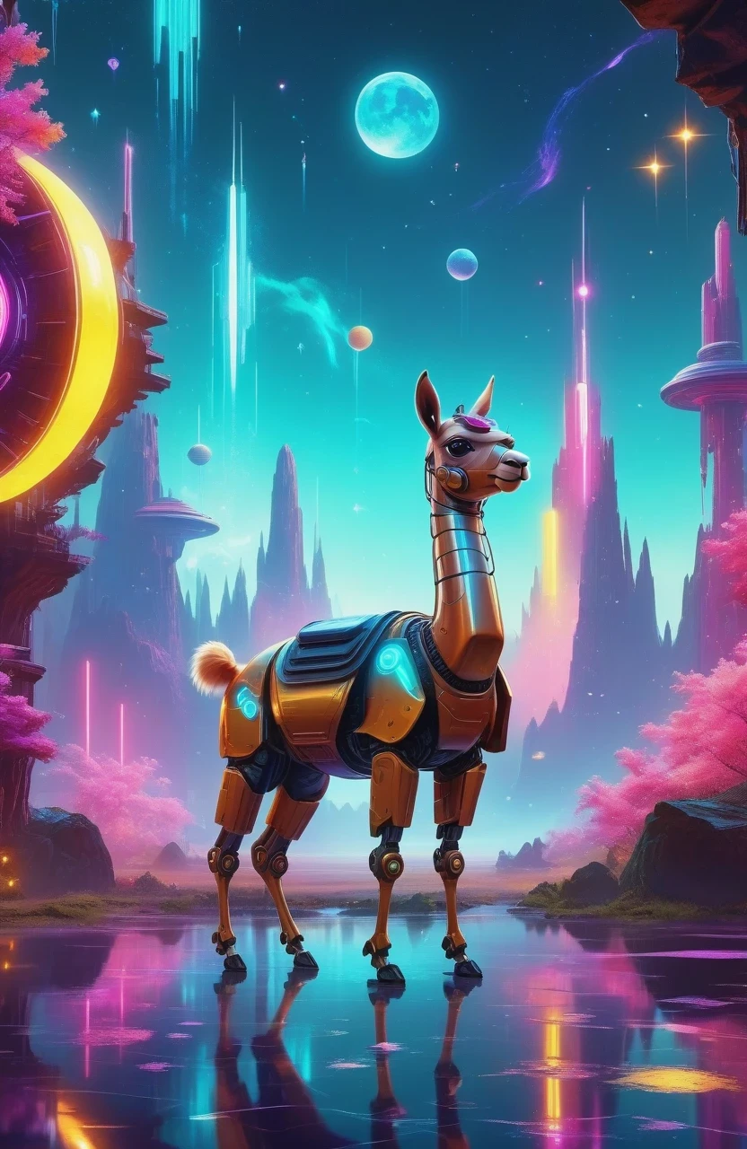 (Astronomy night sky, exotic landscape, extraordinary and detachment, science fiction, llama-shaped robot with advanced technology), (Best quality, 4K, high resolution), (Futuristic lighting, neon colors), cyberpunk-inspired brightness gradients, highly detailed robot features, metal gloss and reflection, neon signs and holographic projections, abstract and geometric structures, electronic enhancement, advanced machinery and technology.
