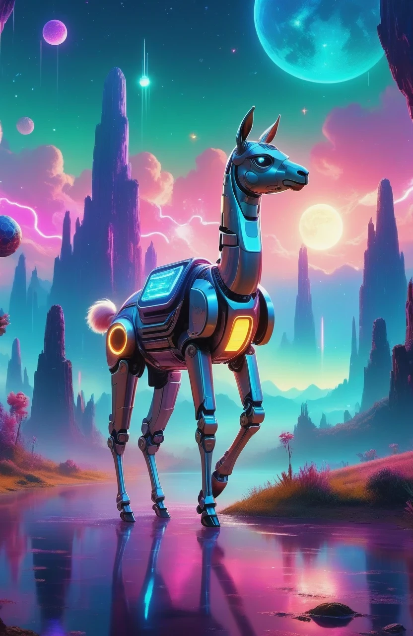 (Astronomy night sky, exotic landscape, extraordinary and detachment, science fiction, llama-shaped robot with advanced technology), (Best quality, 4K, high resolution), (Futuristic lighting, neon colors), cyberpunk-inspired brightness gradients, highly detailed robot features, metal gloss and reflection, neon signs and holographic projections, abstract and geometric structures, electronic enhancement, advanced machinery and technology.