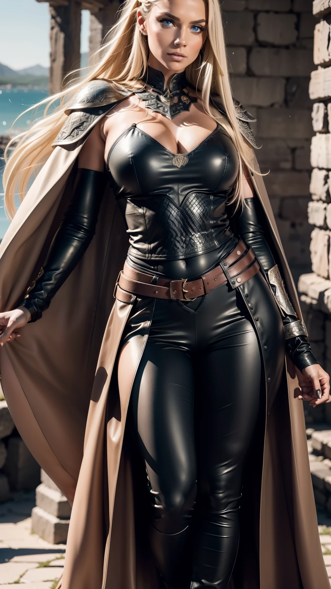 Beautiful Woman, Valkyrie, (Long blonde hair, braided pig tails), (blue eyes, detailed facial features), (proportional hands, proportional fingers), (chainmail, silver and leather armor, fur lined cape, leather pants, detailed viking art), (viking ship background),