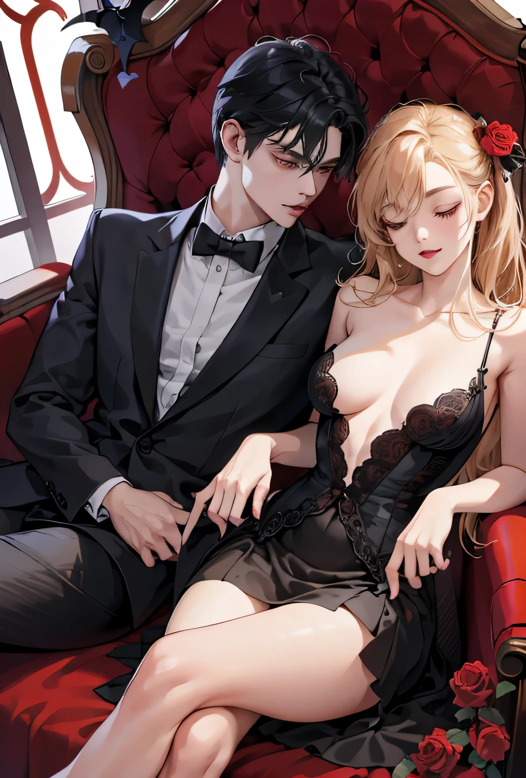 Masterpiece, best quality, high quality, ultra detailed, (absurdres, highres, ultra detailed), couple sleep, 1 girl 1 boy, vampire love, roses, coffin