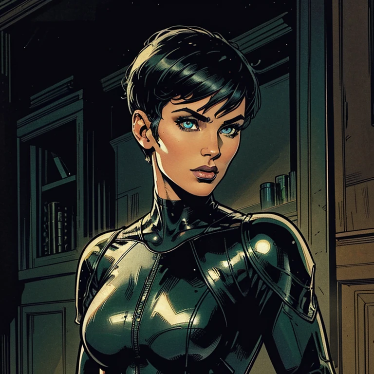 Draw a beautiful white woman, she is wearing a black leather texture suit covering her body, she has a very short black haircut style, her face is pretty, she has beautiful eyes green iris, very beutiful, high resolution, 4k, masterpiece, american comic book style image