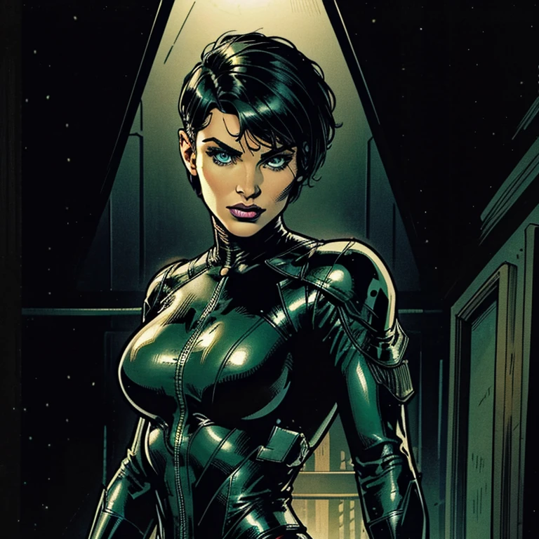 Draw a beautiful white woman, she is wearing a black leather texture suit covering her body, she has a very short black haircut style, her face is pretty, she has beautiful eyes green iris, very beutiful, high resolution, 4k, masterpiece, american comic book style image