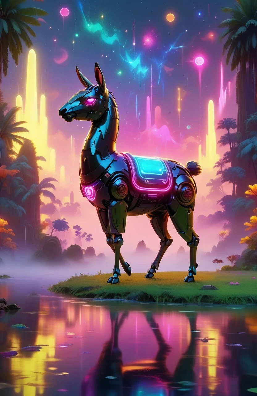 (Astronomy night sky, exotic landscape, extraordinary and detachment, science fiction, llama-shaped robot with advanced technology), (Best quality, 4K, high resolution), (Futuristic lighting, neon colors), cyberpunk-inspired brightness gradients, highly detailed robot features, metal gloss and reflection, neon signs and holographic projections, abstract and geometric structures, electronic enhancement, advanced machinery and technology.