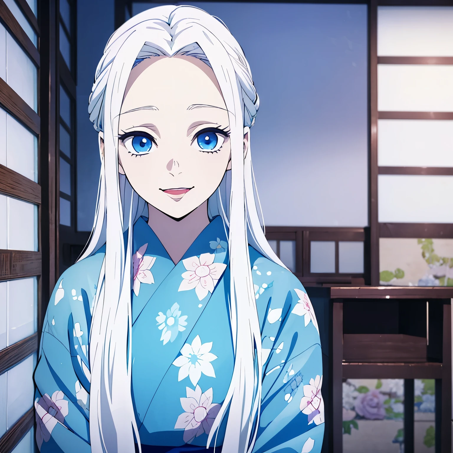 (1 girl, White long straight hair, blue eyes), floral kimono, white haori, white hair, smily eyes, japanese room, face focus, (opened mouth), happy face, (half-up half-down hairstyle), japanese animation color style, vivid colors, from front, room, day time, girl, looking down